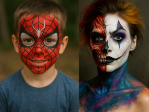 Esempio di truccabimbi e facepainting a Torino: bambino con trucco da supereroe e donna con trucco artistico per Halloween