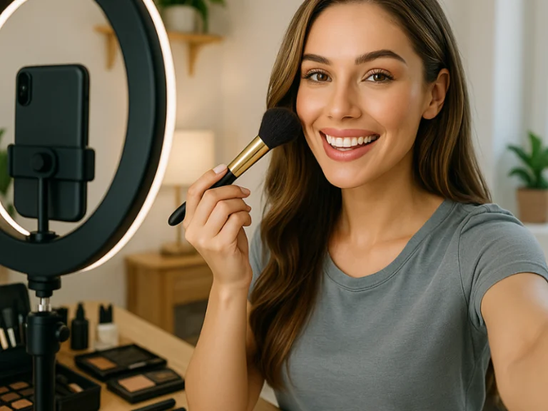 Giovane beauty influencer che si riprende mentre applica il make-up, davanti al ring light e al telefono, nella sua postazione trucco — esempio di contenuto social creato durante il corso Social Star.
