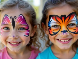 due bambine truccate con facepainting durante un evento – esempio di lavoro da truccabimbi professionista
