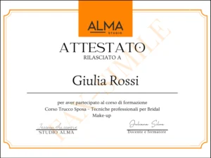 ATTESTATO DEL CORSO DI TRUCCO SPOSA STUDIO ALMA TORINO