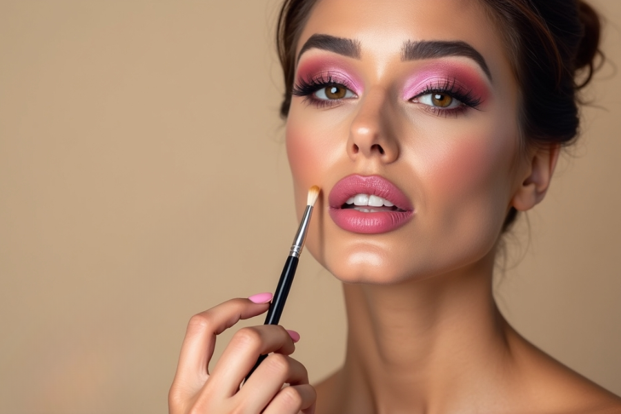 Donna con trucco professionale e pennelli da make-up su sfondo neutro – Corso Make-Up Artist Studio Alma Torino