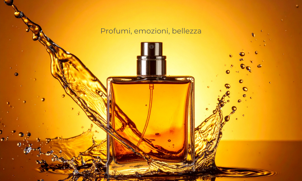 Boccetta di profumo elegante con sfondo dorato – Corso Beauty Advisor Torino Studio Alma