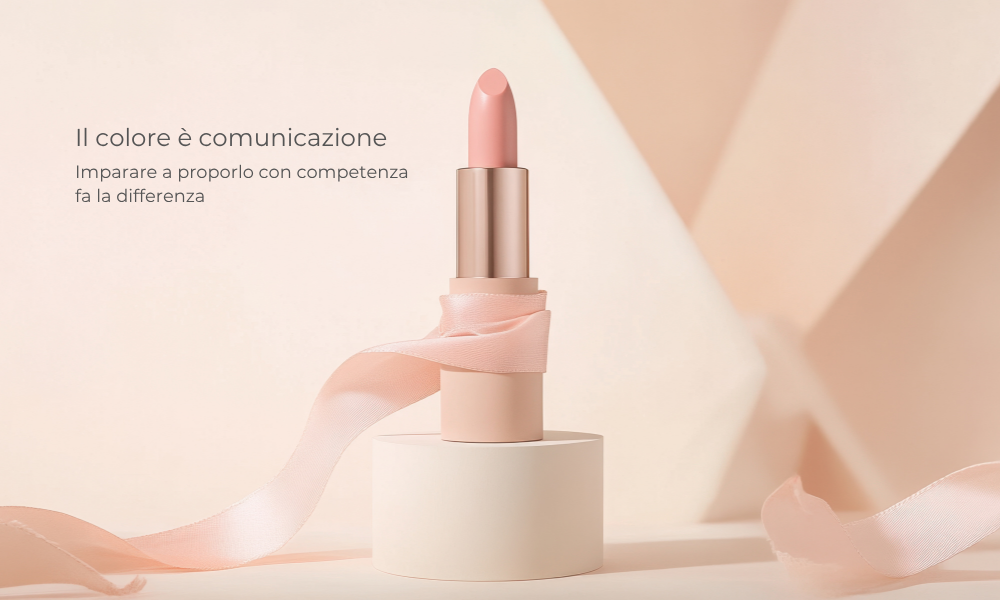 Rossetto rosa cipria con nastro di raso su fondo beige – Corso Beauty Advisor Studio Alma Torino