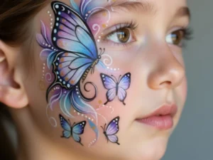 Bambina con disegno artistico sul viso, esempio di facepainting avanzato realizzato durante i corsi professionali Studio Alma a Torino