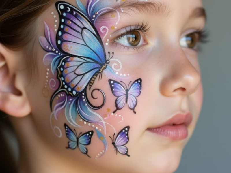 Bambina con disegno artistico sul viso, esempio di facepainting avanzato realizzato durante i corsi professionali Studio Alma a Torino