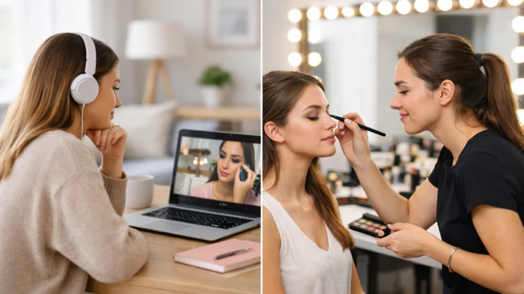 Confronto tra apprendimento online e corso di trucco in presenza: a sinistra una ragazza segue un tutorial su laptop, a destra una make-up artist trucca una modella in aula.