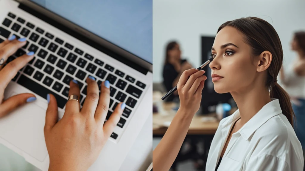 Make-up artist che applica il trucco a una modella durante una lezione pratica in aula di corso di trucco.