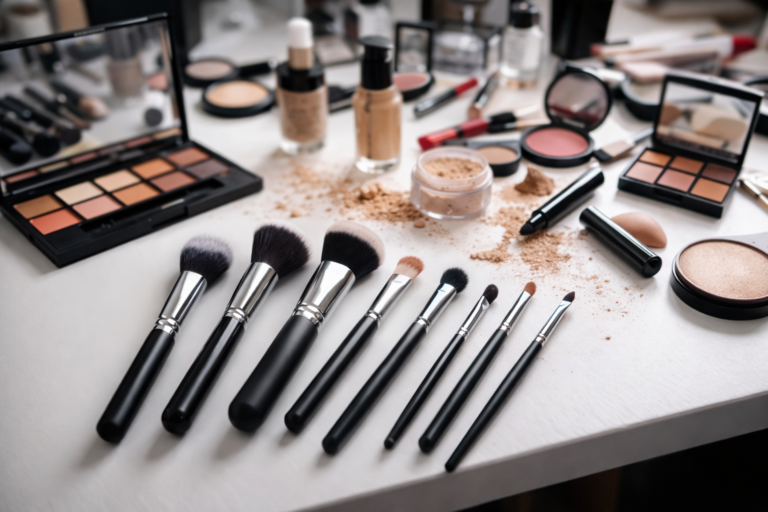 trucchi e pennelli usati durante una lezione di self make up
