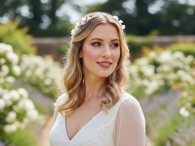 Primo piano di sposa con make-up bridal professionale in luce naturale, pelle luminosa realistica, ombretto marrone sfumato e blush delicato.